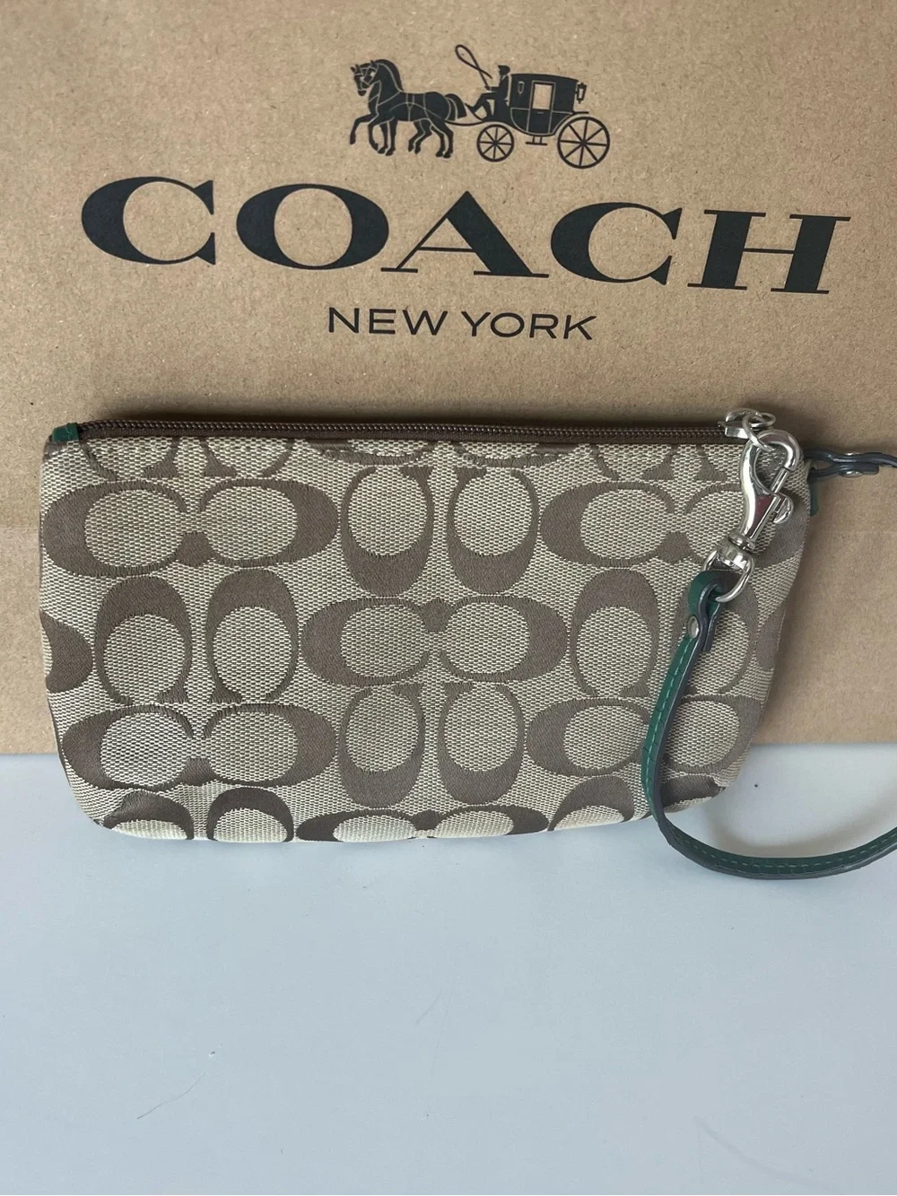 Coach Beige & Brown Signature Canvas Wristlet with Green Trim
